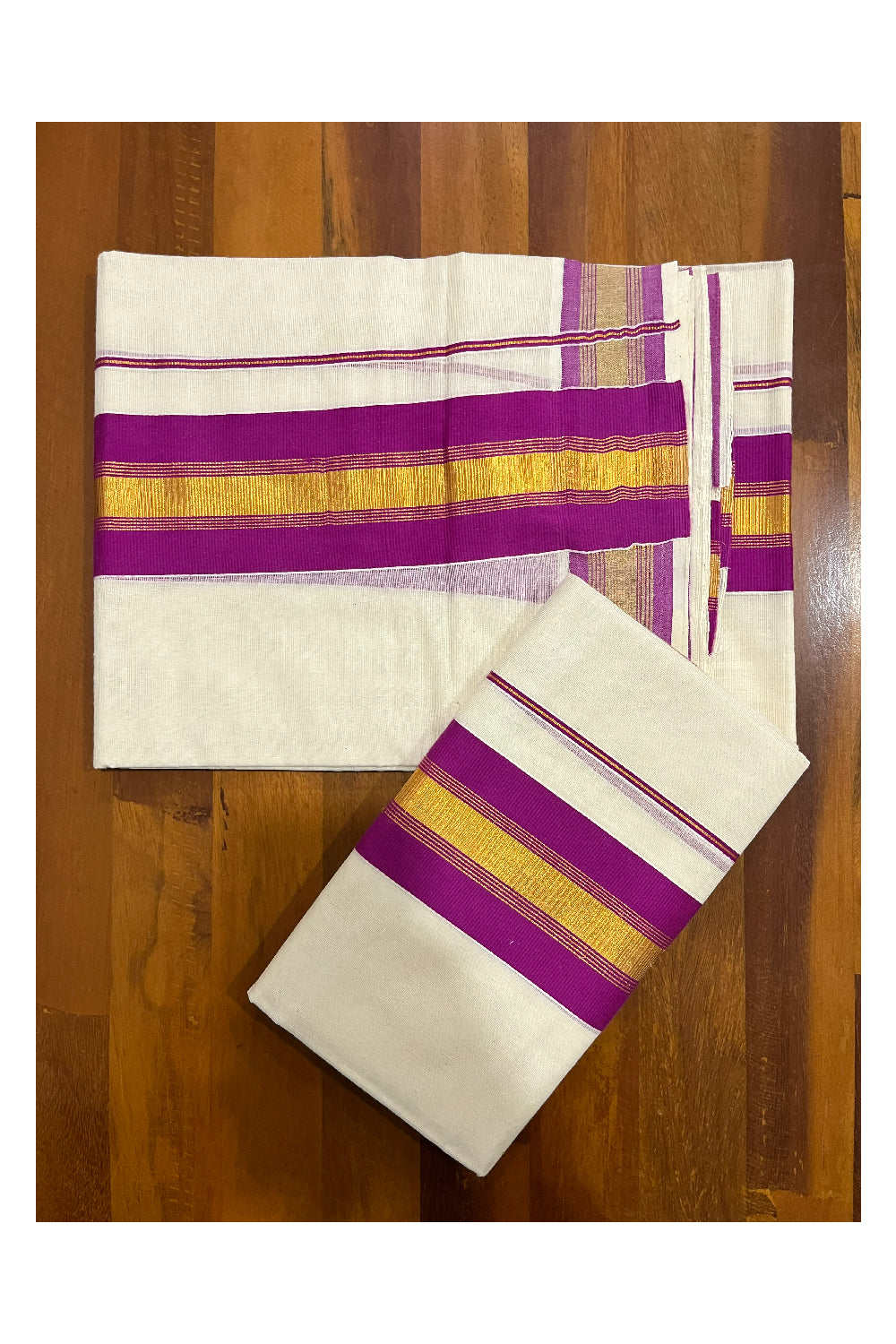 Pure Cotton Kerala Single Set Mundu (Mundum Neriyathum) with Magenta and Kasavu Border 2.80 Mtrs (Onam Set Mundu 2023)