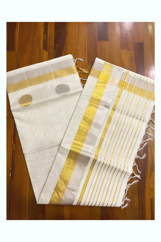 Southloom Premium Handloom Cotton Kasavu Striped Saree with Golden and Silver Polka works across the Border