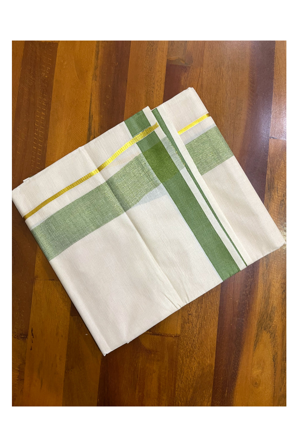 Kerala Pure Cotton Double Mundu with Olive Green Kasavu Border (South Indian Kerala Dhoti)