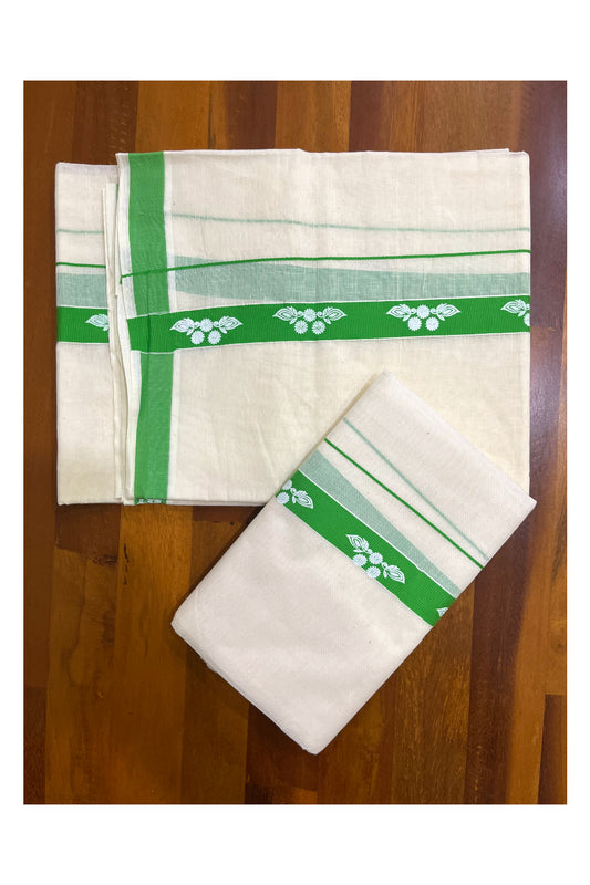 Kerala Pure Cotton Single Set Mundu (Mundum Neriyathum) with Floral Block Prints on Light Green Border