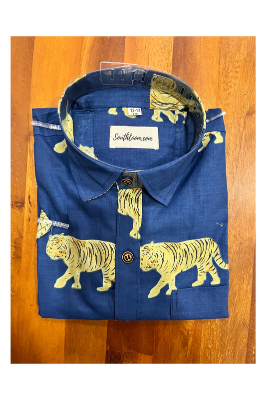 Southloom Jaipur Cotton Blue Tiger Hand Block Printed Shirt For Kids (Half Sleeves)