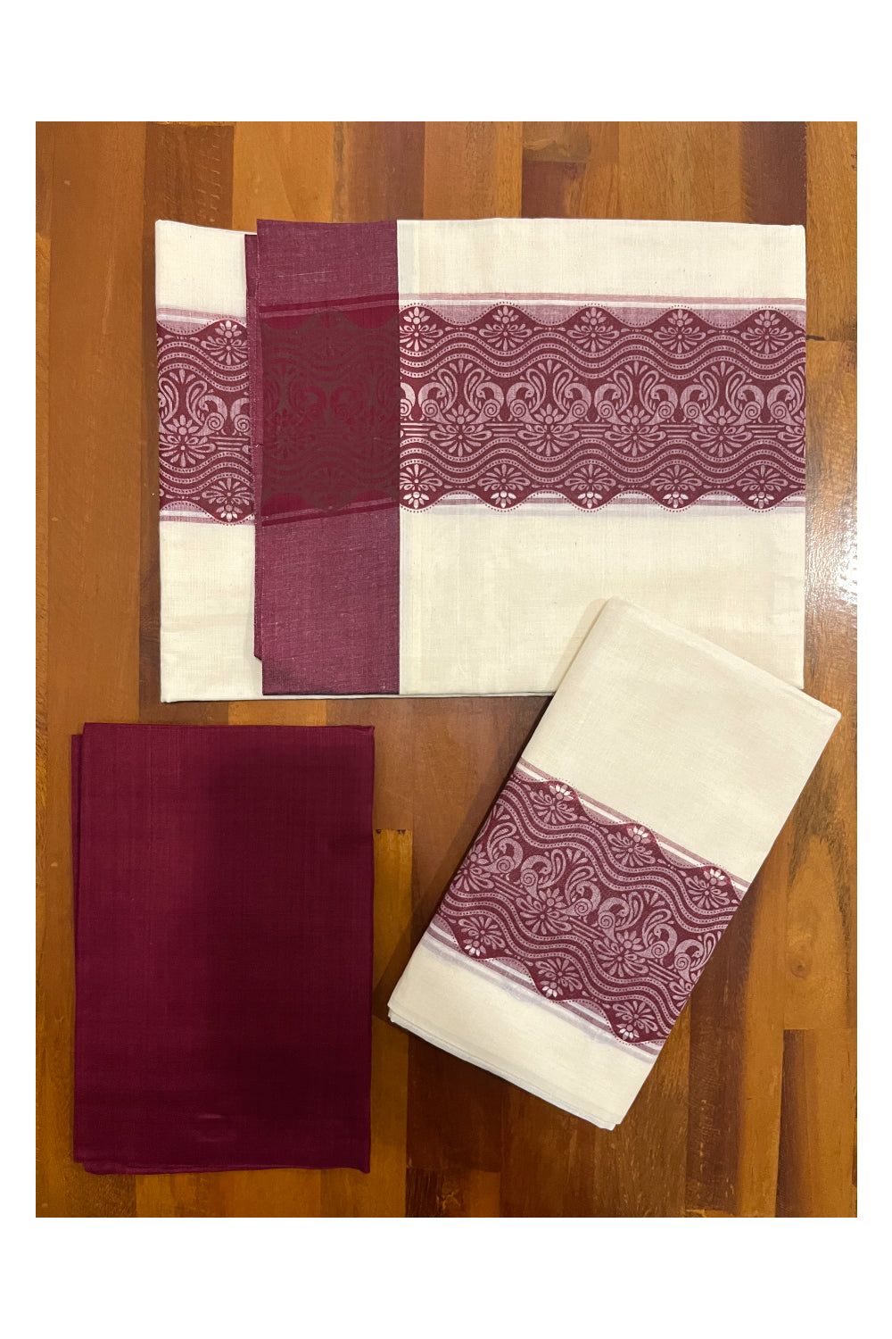 Pure Cotton Kerala Single Set Mundu (Mundum Neriyathum) with Block Printed Border and Maroon Blouse Piece