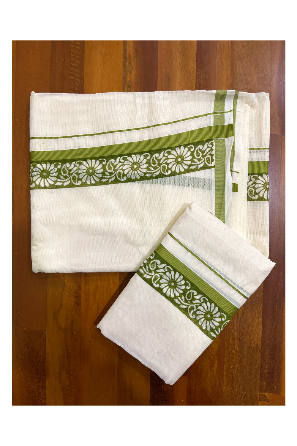 Kerala Cotton Kasavu Single Set Mundu (Mundum Neriyathum) with Green Kara and  Block prints (Onam 2024 Collection)