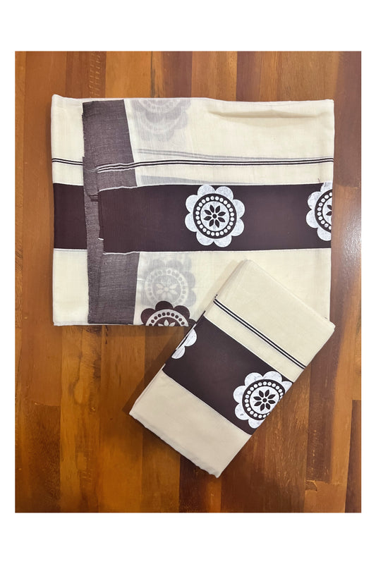 Kerala Cotton Single Set Mundu (Mundum Neriyathum) with Block Prints in Brown Border