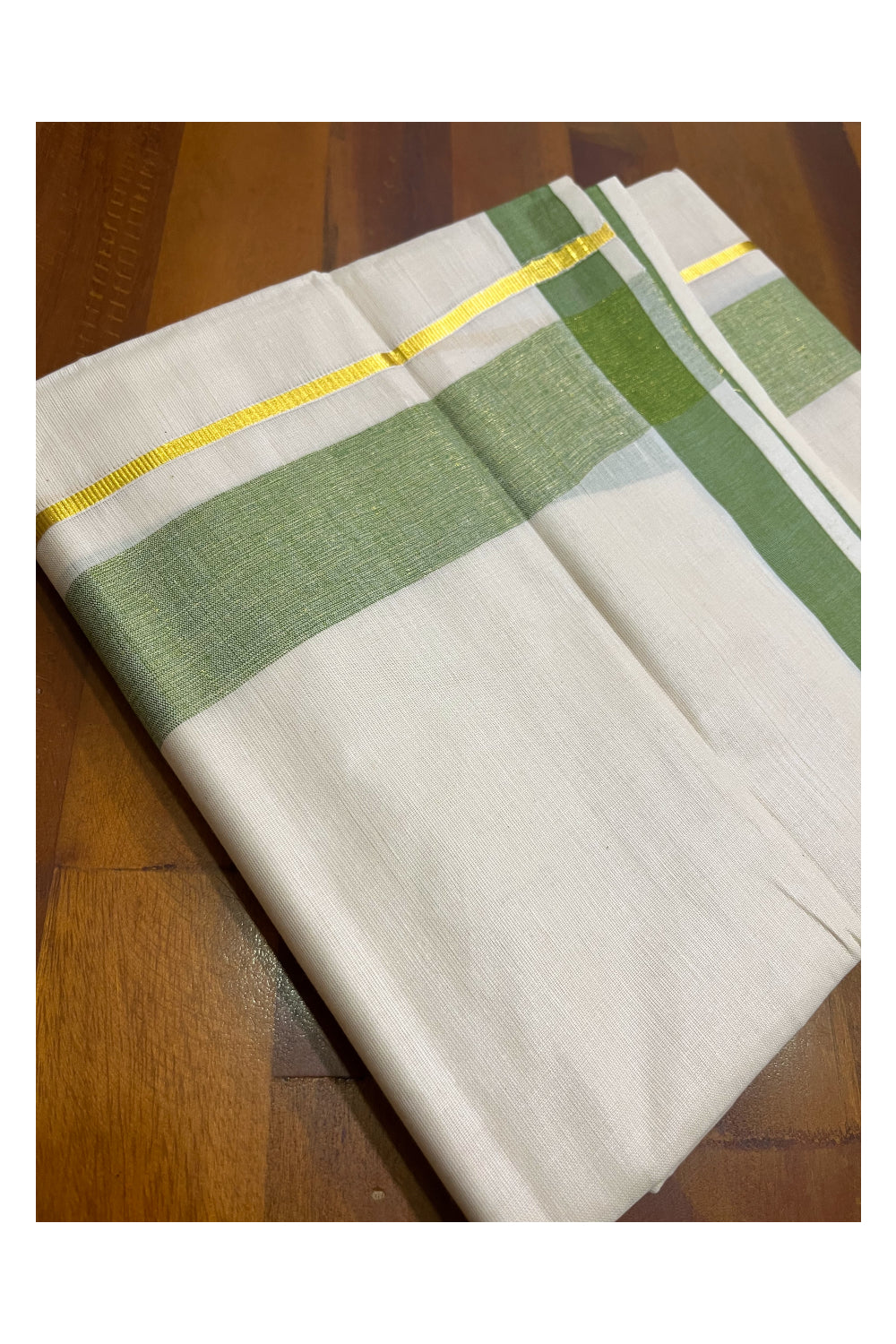 Kerala Pure Cotton Double Mundu with Olive Green Kasavu Border (South Indian Kerala Dhoti)