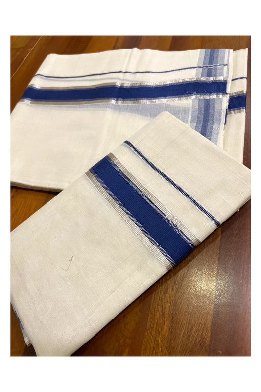 Kerala Cotton Set Mundu (Mundum Neriyathum) with Silver Kasavu and Blue Border 2.80 Mtrs