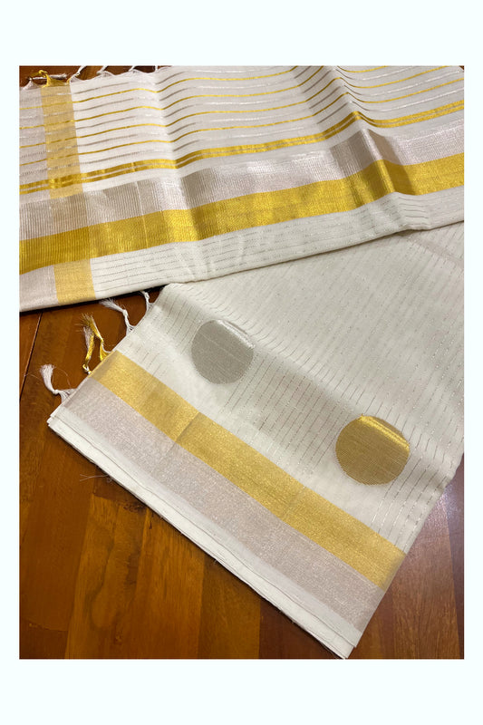 Southloom Premium Handloom Cotton Kasavu Striped Saree with Golden and Silver Polka works across the Border