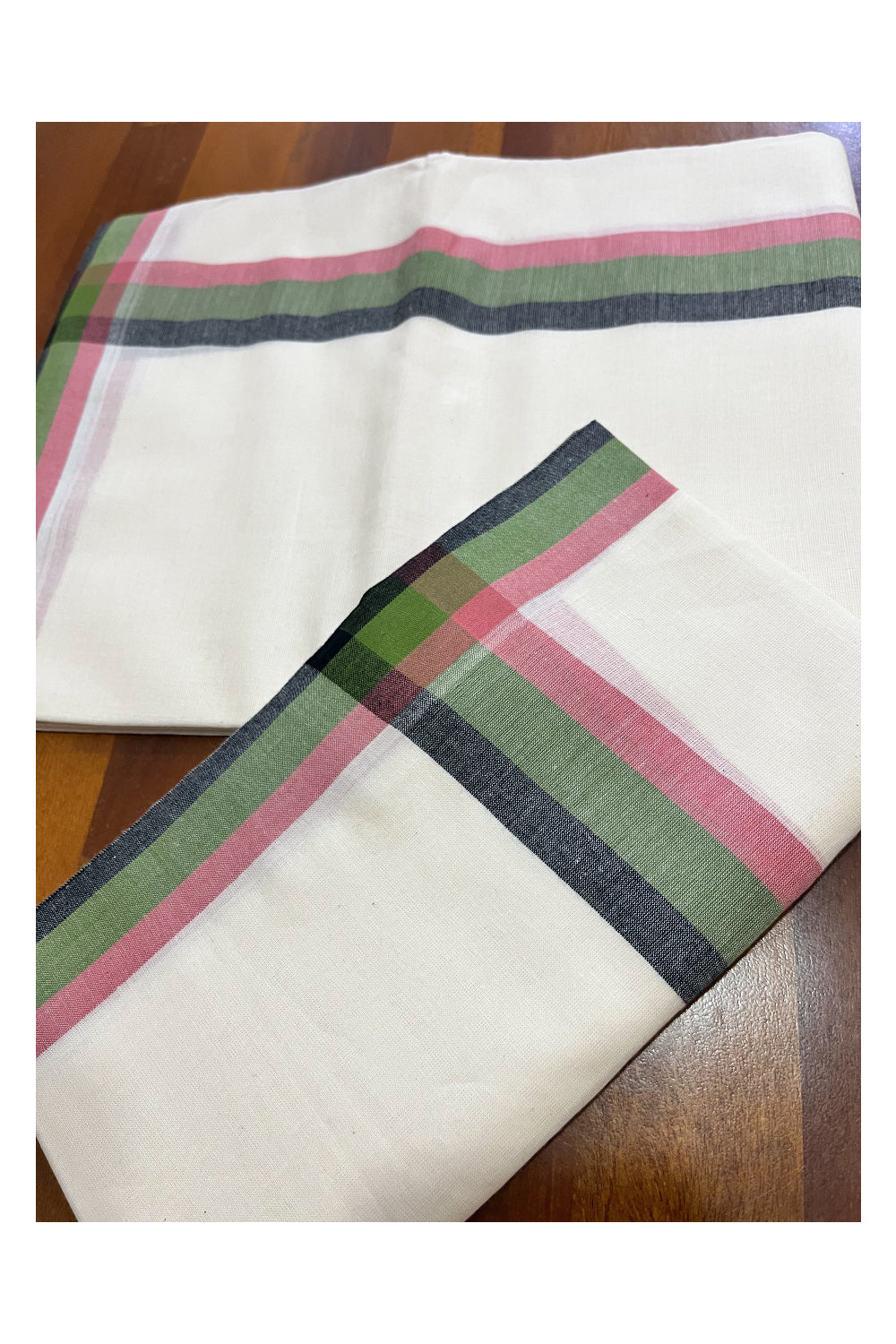 Kerala Mulloth Cotton Single Mundum Neriyathum with Green Black Red Border (Extra Soft Cotton)