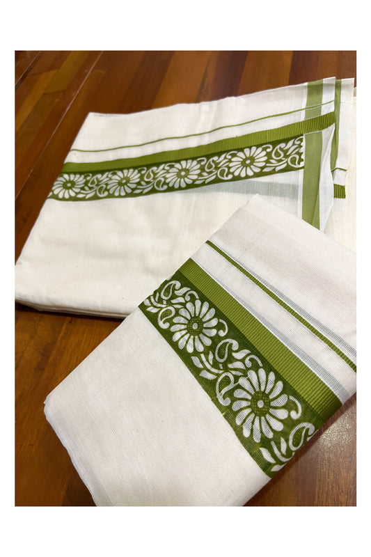 Kerala Cotton Kasavu Single Set Mundu (Mundum Neriyathum) with Green Kara and  Block prints