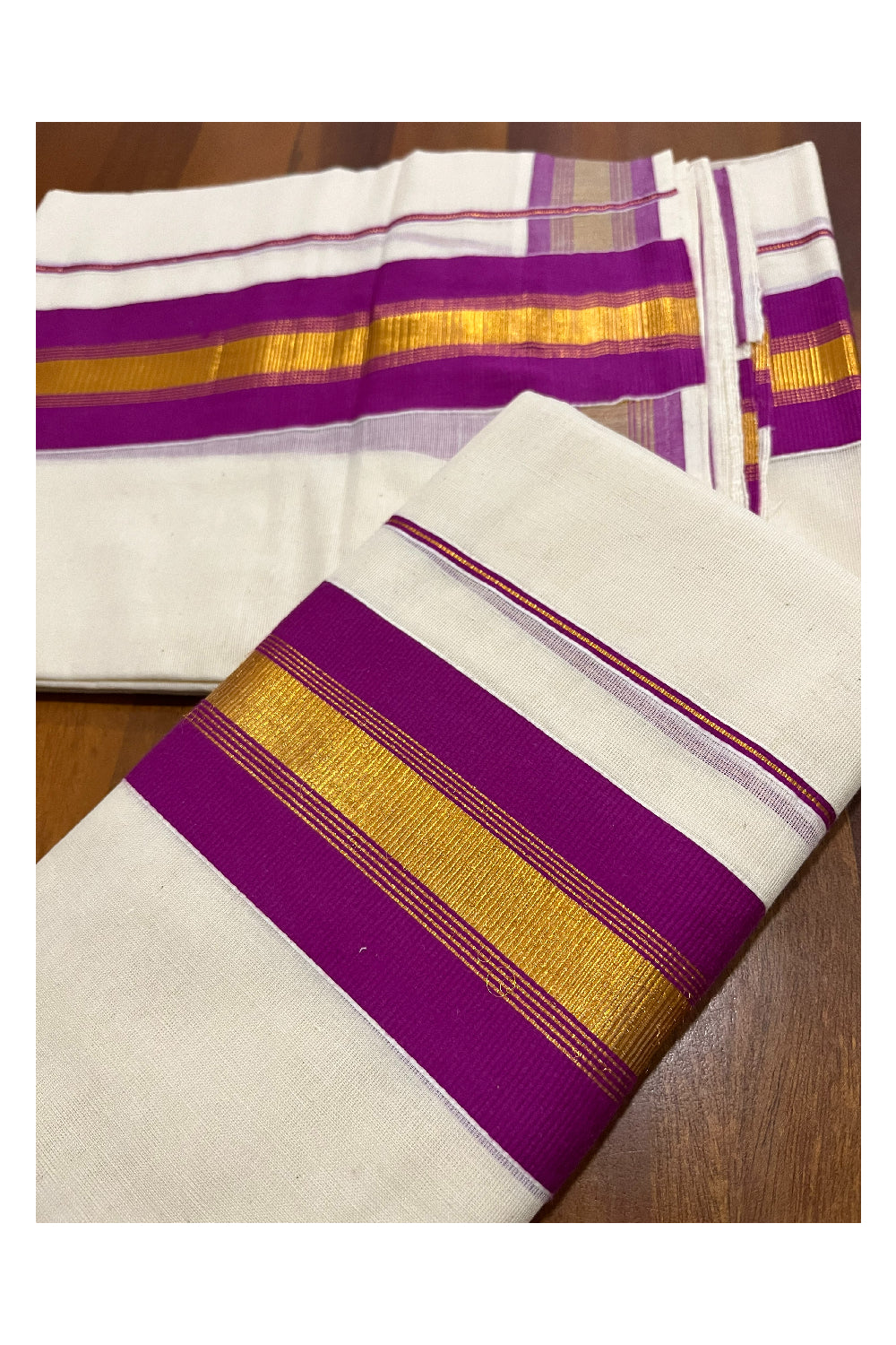 Pure Cotton Kerala Single Set Mundu (Mundum Neriyathum) with Magenta and Kasavu Border 2.80 Mtrs (Onam Set Mundu 2023)