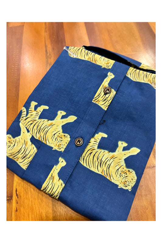 Southloom Jaipur Cotton Blue Tiger Hand Block Printed Shirt For Kids (Half Sleeves)