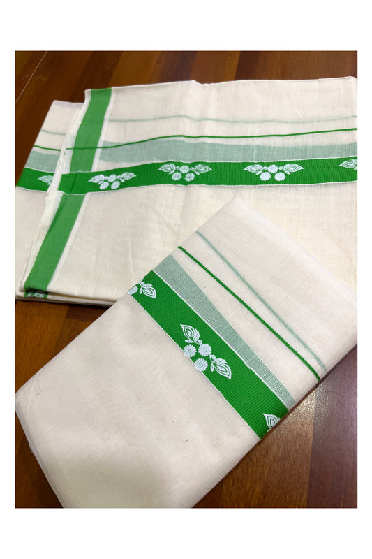 Kerala Pure Cotton Single Set Mundu (Mundum Neriyathum) with Floral Block Prints on Light Green Border