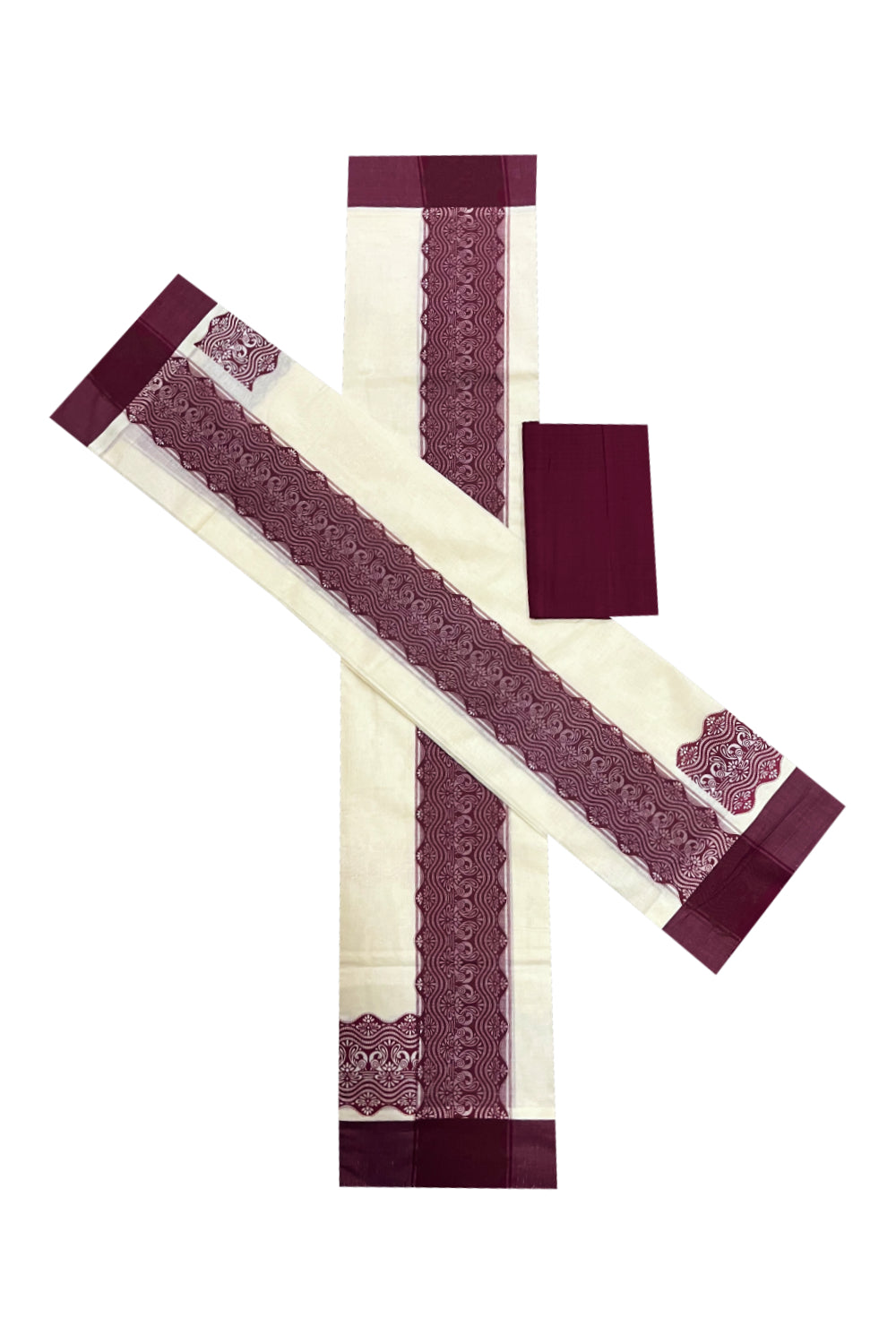 Pure Cotton Kerala Single Set Mundu (Mundum Neriyathum) with Block Printed Border and Maroon Blouse Piece