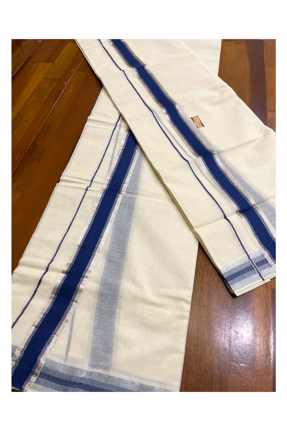 Kerala Cotton Set Mundu (Mundum Neriyathum) with Silver Kasavu and Blue Border 2.80 Mtrs