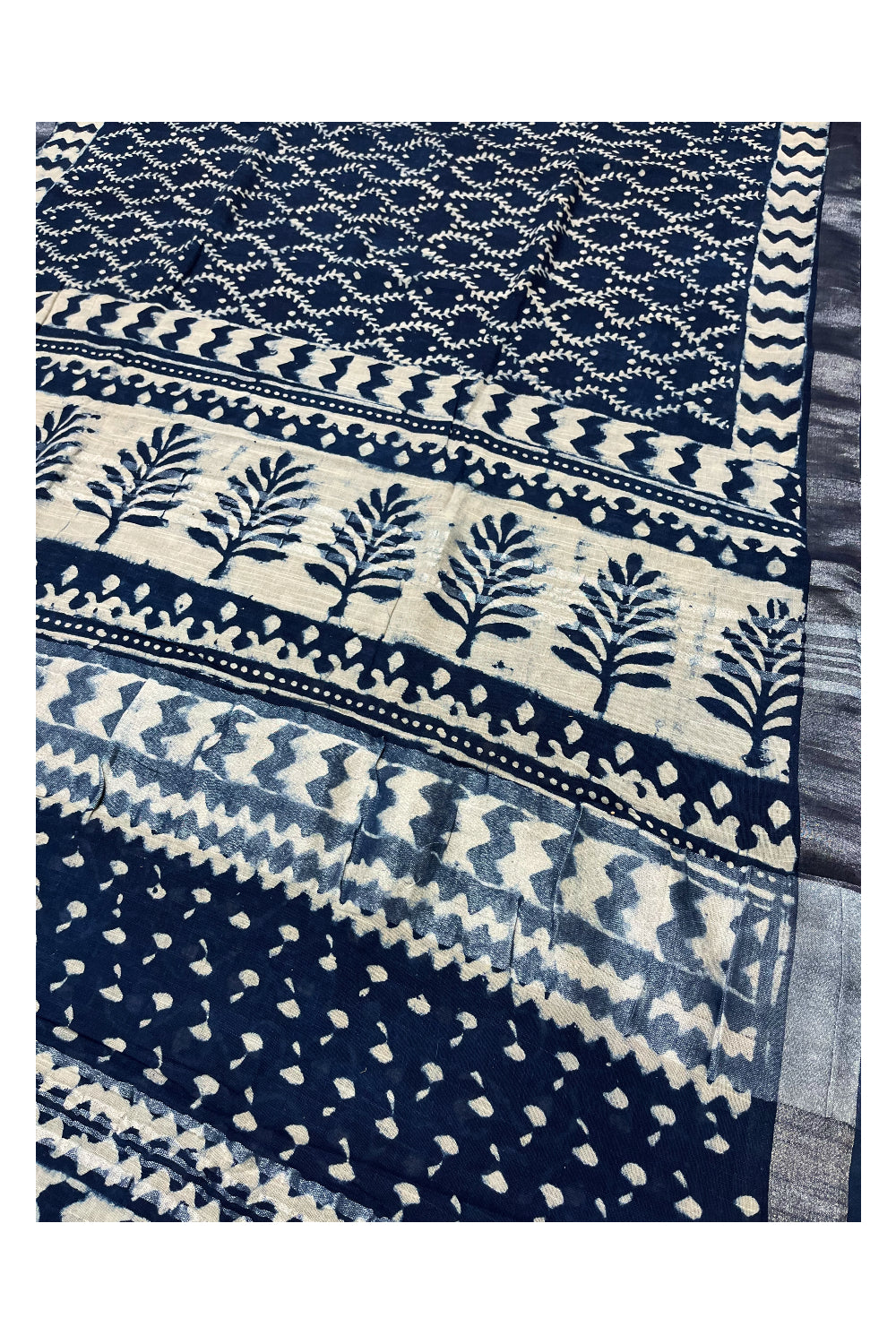 Southloom Linen Dark Blue Designer Saree with White Prints