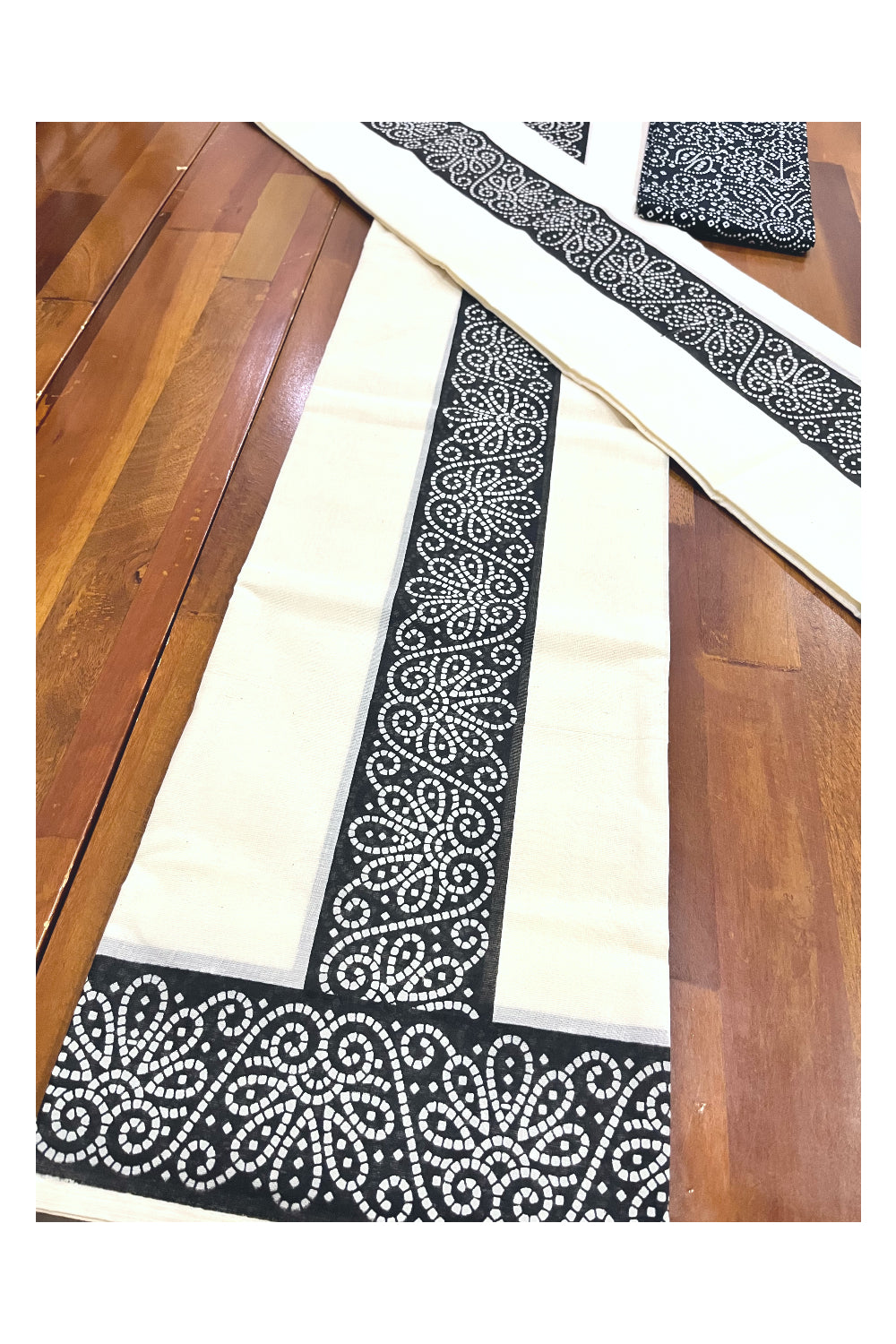 Kerala Cotton Set Mundu (Mundum Neriyathum) with Black Block Prints and Seperate Blouse Piece 2.80 Mtrs