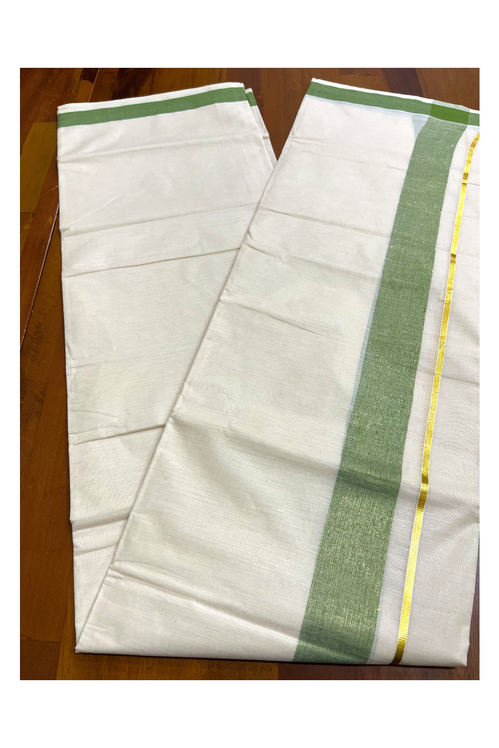 Kerala Pure Cotton Double Mundu with Olive Green Kasavu Border (South Indian Kerala Dhoti)