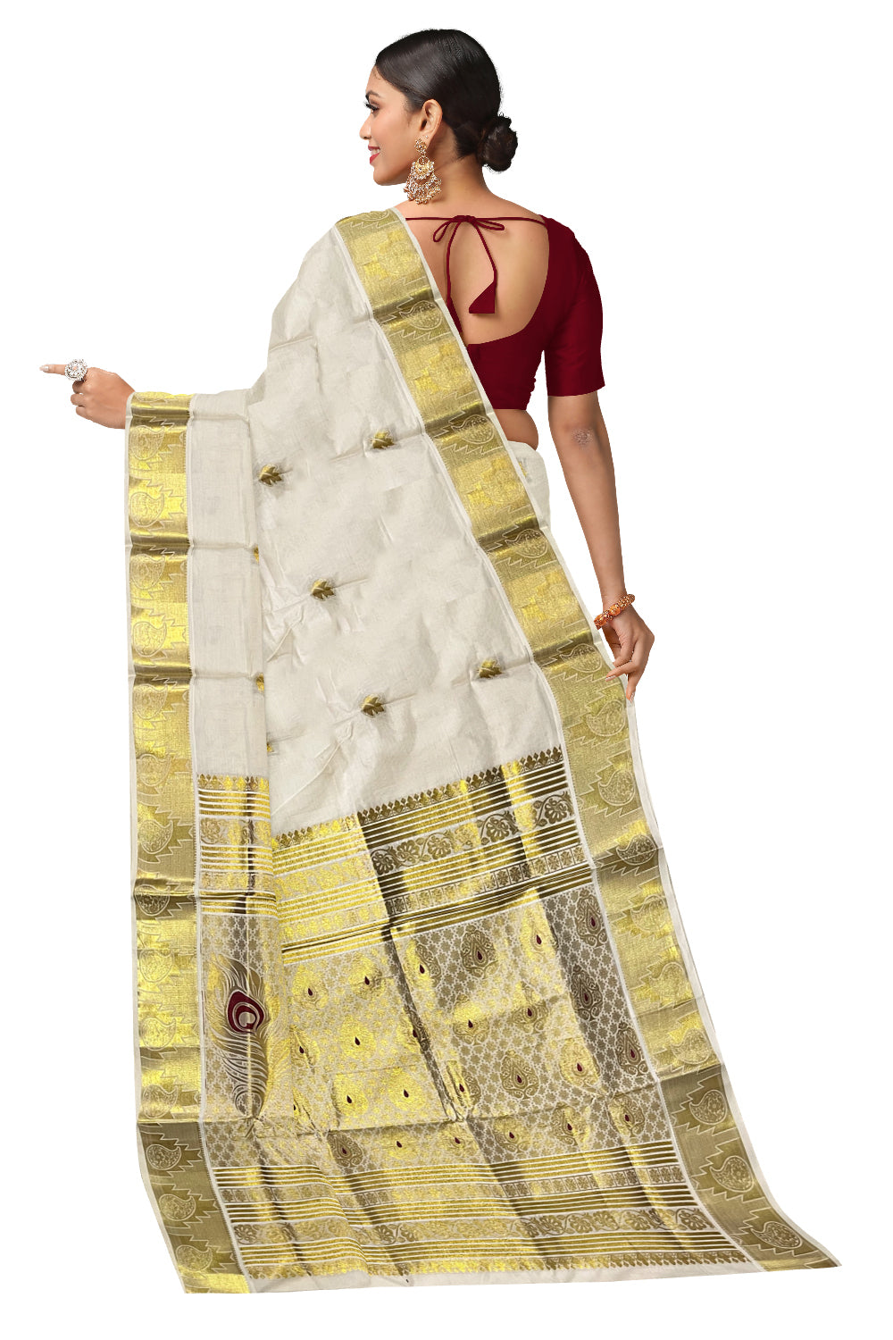 Kerala Pure Cotton Heavy Woven Work Kasavu Saree with Maroon Feather Works