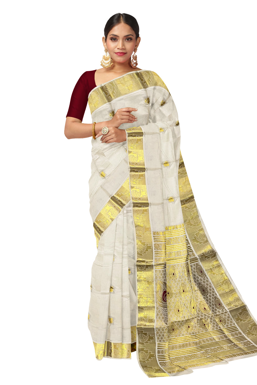 Kerala Pure Cotton Heavy Woven Work Kasavu Saree with Maroon Feather Works