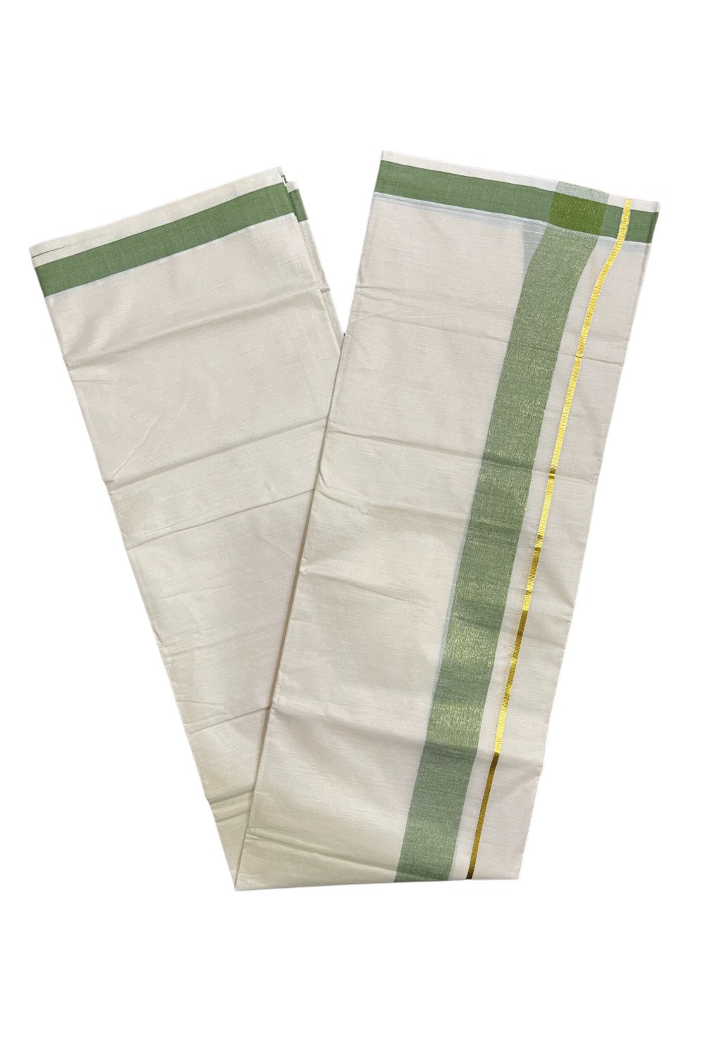 Kerala Pure Cotton Double Mundu with Olive Green Kasavu Border (South Indian Kerala Dhoti)