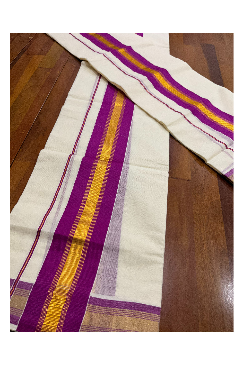 Pure Cotton Kerala Single Set Mundu (Mundum Neriyathum) with Magenta and Kasavu Border 2.80 Mtrs (Onam Set Mundu 2023)