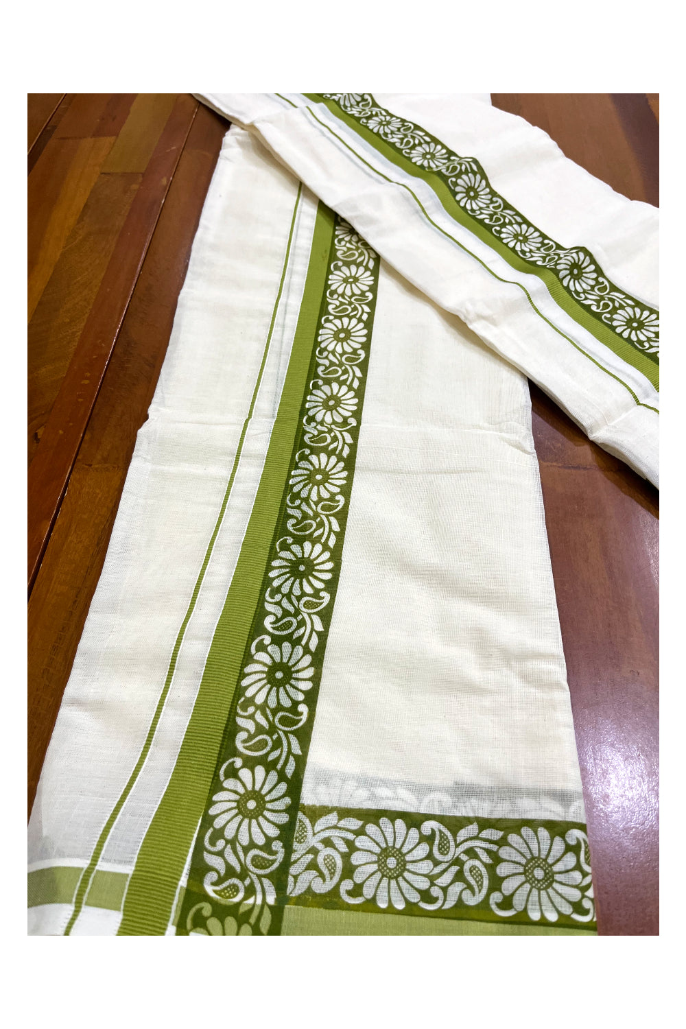 Kerala Cotton Kasavu Single Set Mundu (Mundum Neriyathum) with Green Kara and  Block prints