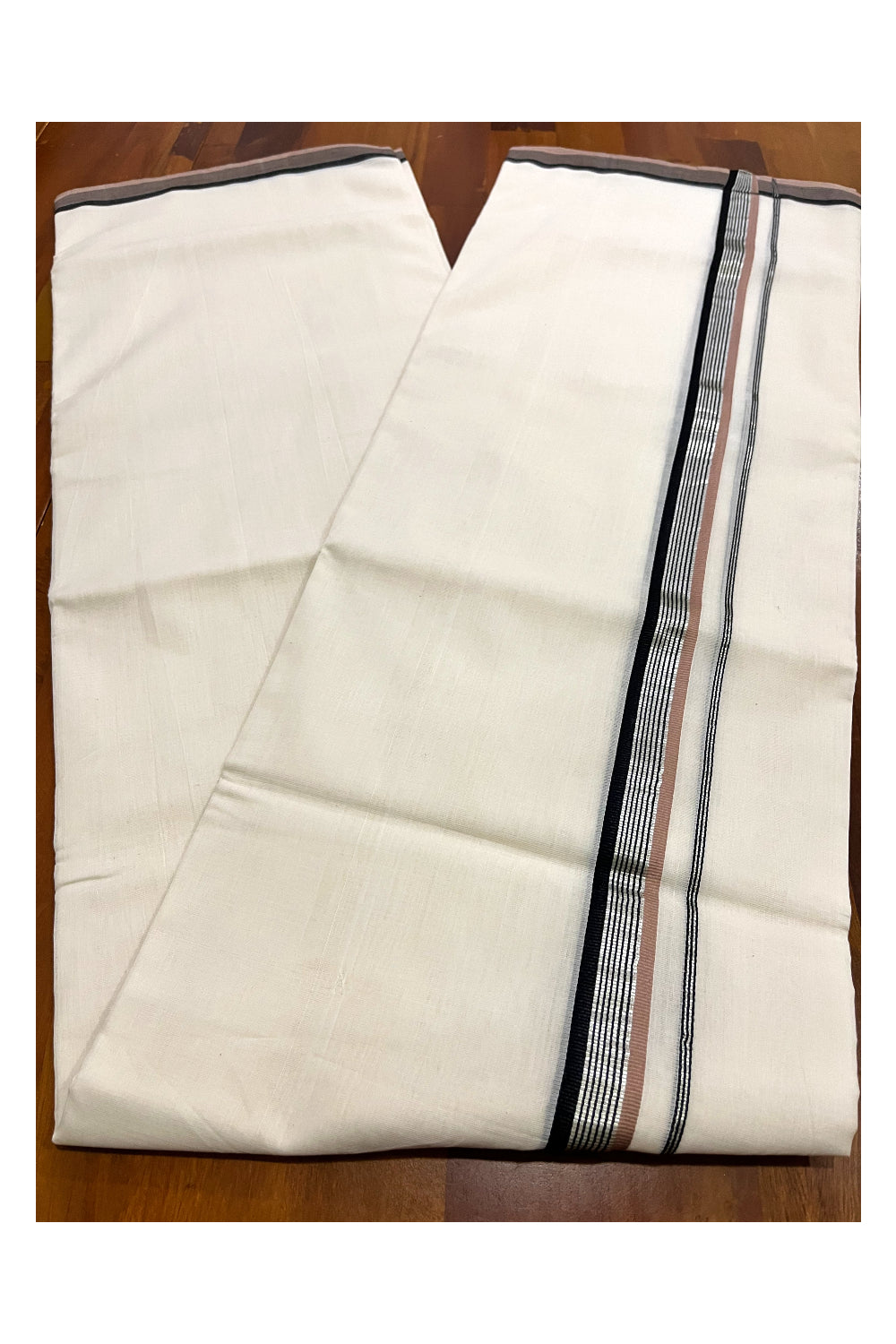 Southloom Premium Balaramapuram Unakkupaavu Handloom Silver Kasavu Brown and Black Border Mundu (South Indian Kerala Dhoti)