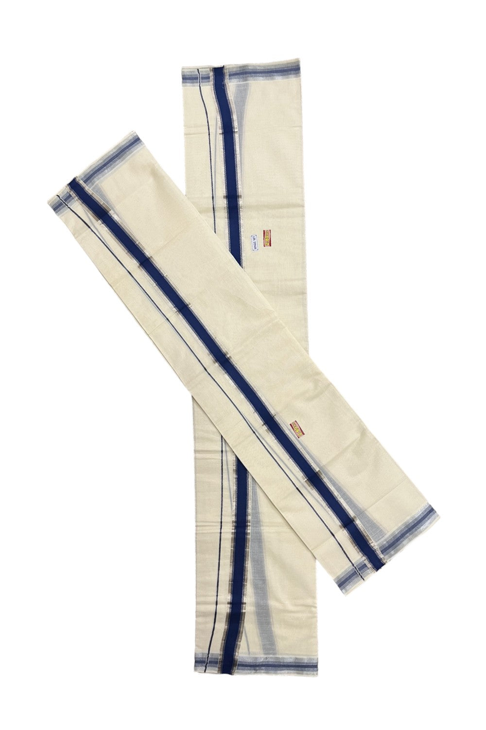 Kerala Cotton Set Mundu (Mundum Neriyathum) with Silver Kasavu and Blue Border 2.80 Mtrs