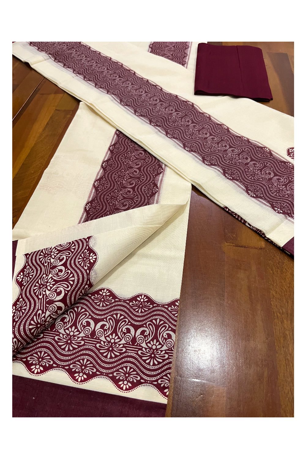 Pure Cotton Kerala Single Set Mundu (Mundum Neriyathum) with Block Printed Border and Maroon Blouse Piece