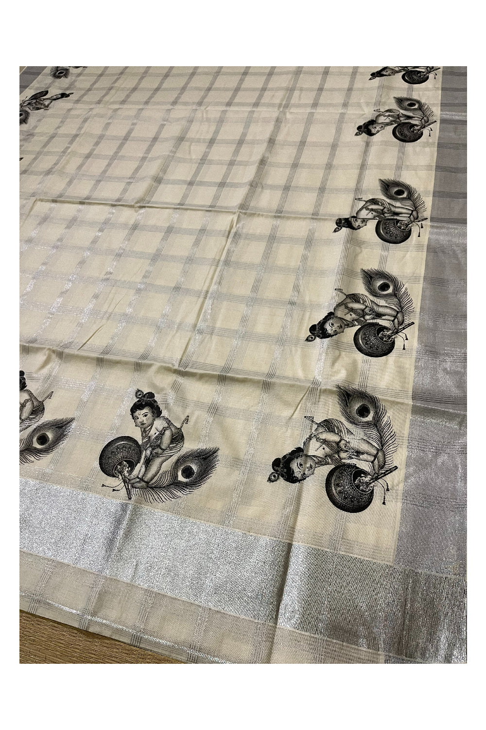 Pure Cotton Kerala Silver Kasavu Check Design Saree with Baby Krishna Mural Prints and Black Border (Onam Saree 2023)