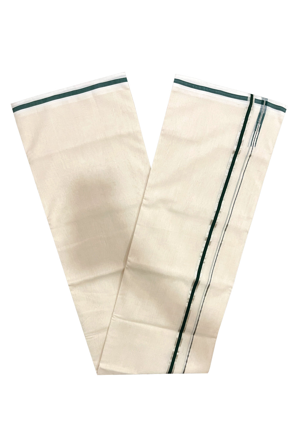 Southloom Premium Balaramapuram Unakkupaavu Handloom Mundu with Green and Silver Kasavu Puliyilakkara Border (South Indian Kerala Dhoti)