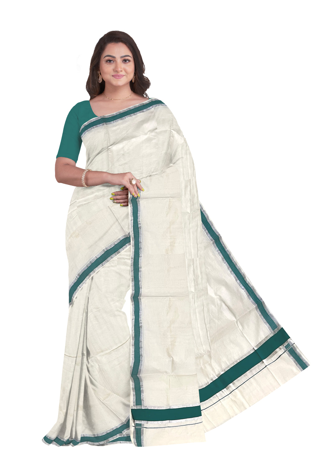 Pure Cotton Kerala Saree with Green and Silver Kasavu Border