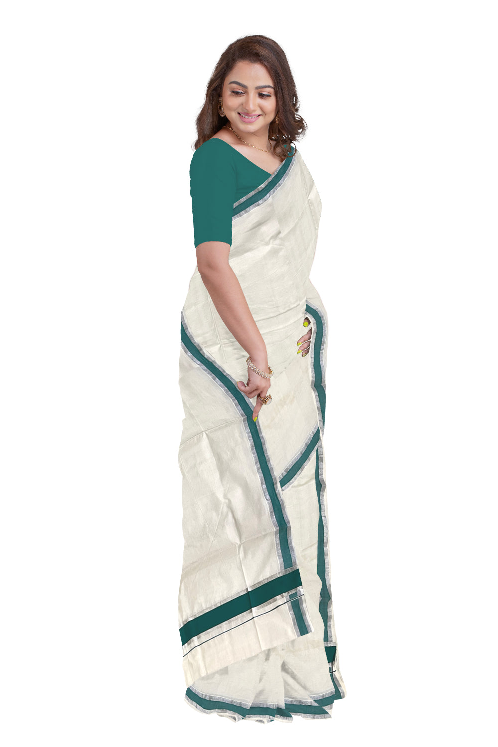 Pure Cotton Kerala Saree with Green and Silver Kasavu Border