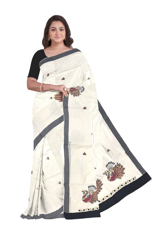 Pure Cotton Kerala Saree with Peacock Embroidery Work and Black Border (Onam Saree 2023)