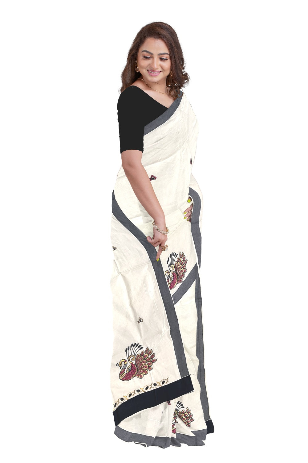 Pure Cotton Kerala Saree with Peacock Embroidery Work and Black Border (Onam Saree 2023)