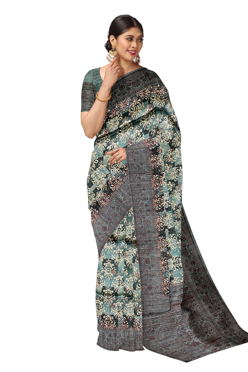 Southloom Semi Tussar Blue Floral Woven Designer Saree