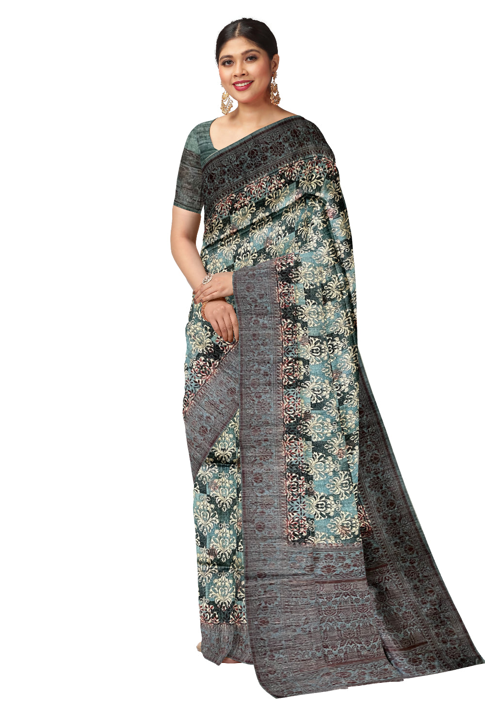 Southloom Semi Tussar Blue Floral Woven Designer Saree