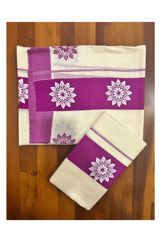 Kerala Cotton Single Set Mundu (Mundum Neriyathum) with Block Prints in Magenta Border