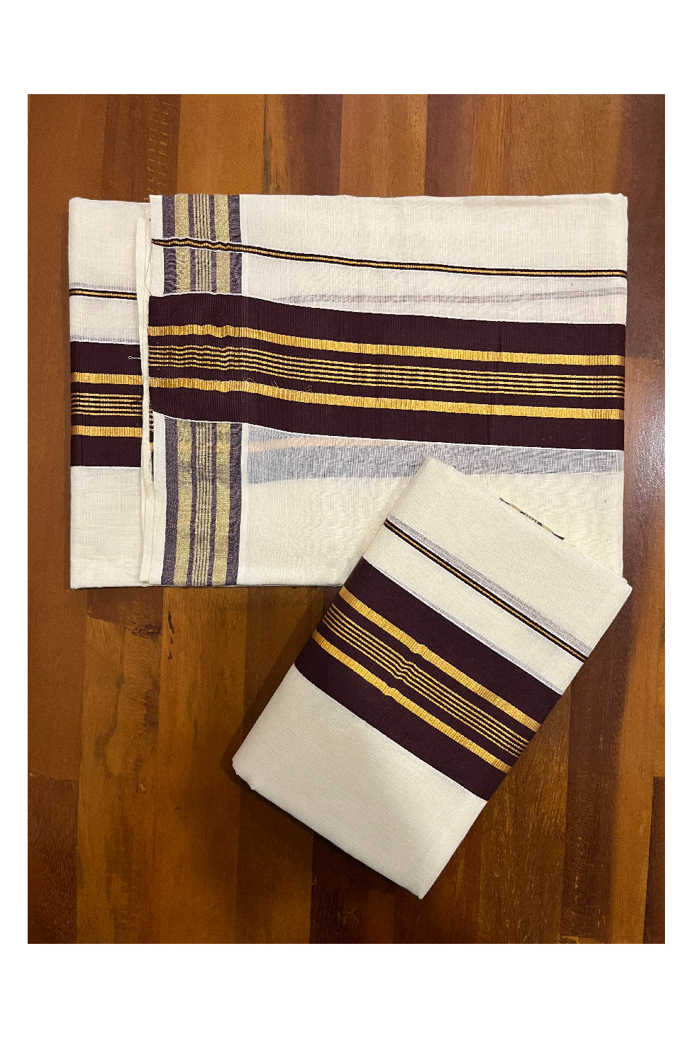 Pure Cotton Kerala Single Set Mundu (Mundum Neriyathum) with Brown and Kasavu Border (Onam Set Mundu 2023)