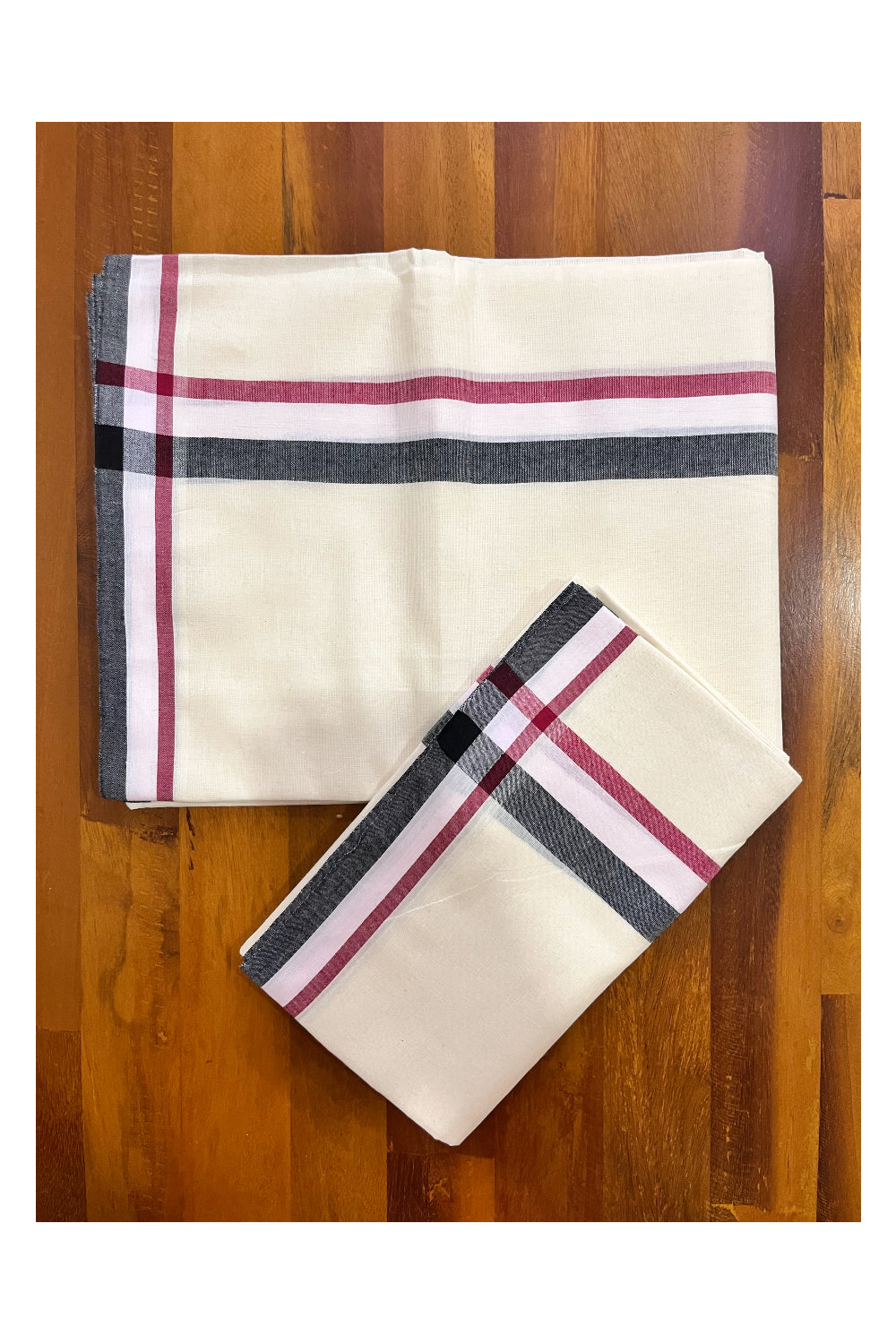 Kerala Cotton Mulloth Mundum Neriyathum Single (Set Mundu) with Black Maroon White Border (Extra Soft Cotton) 2.80 Mtrs