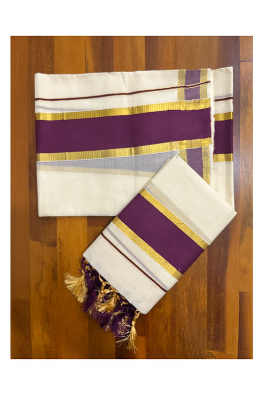 Cotton Kerala Set Mundu (Mundum Neriyathum) with Purple and Kasavu Border and Tassels 2.80 Mtrs