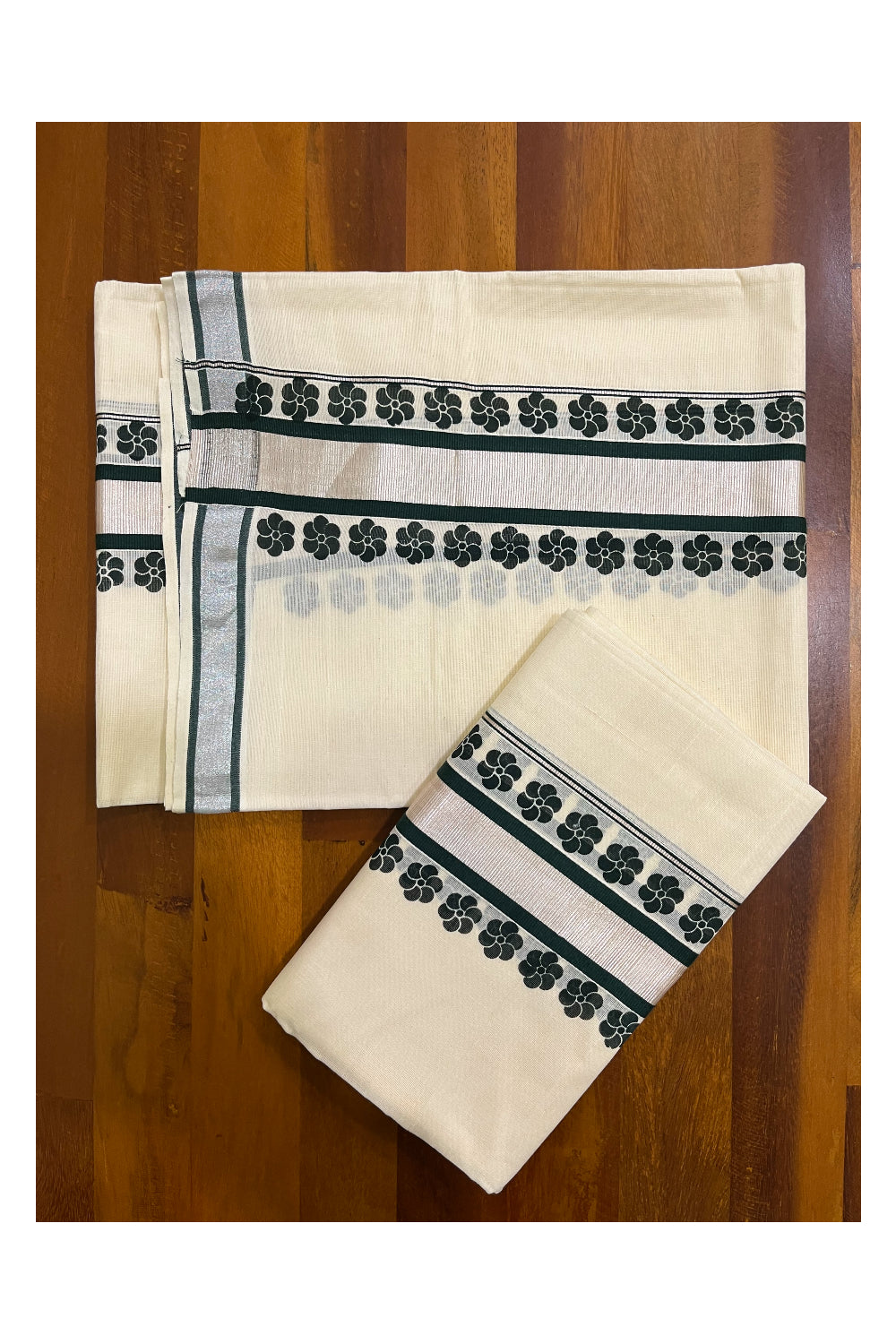 Mundum Neriyathum Single (Set Mundu) with Block Prints on Silver Kasavu and Dark Green Border (Onam 2024 Collection)