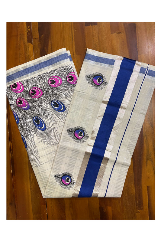 Pure Cotton Kerala Saree with Silver Kasavu Checks and Feather Block Prints on Blue Border