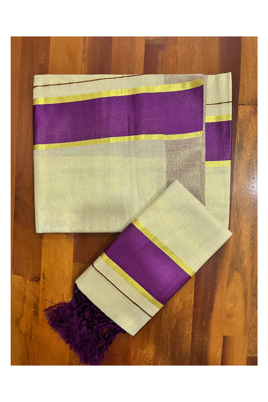 Kerala Tissue Kasavu Set Mundu (Mundum Neriyathum) with Violet Kara and Tassels on Pallu 2.50 Mtrs