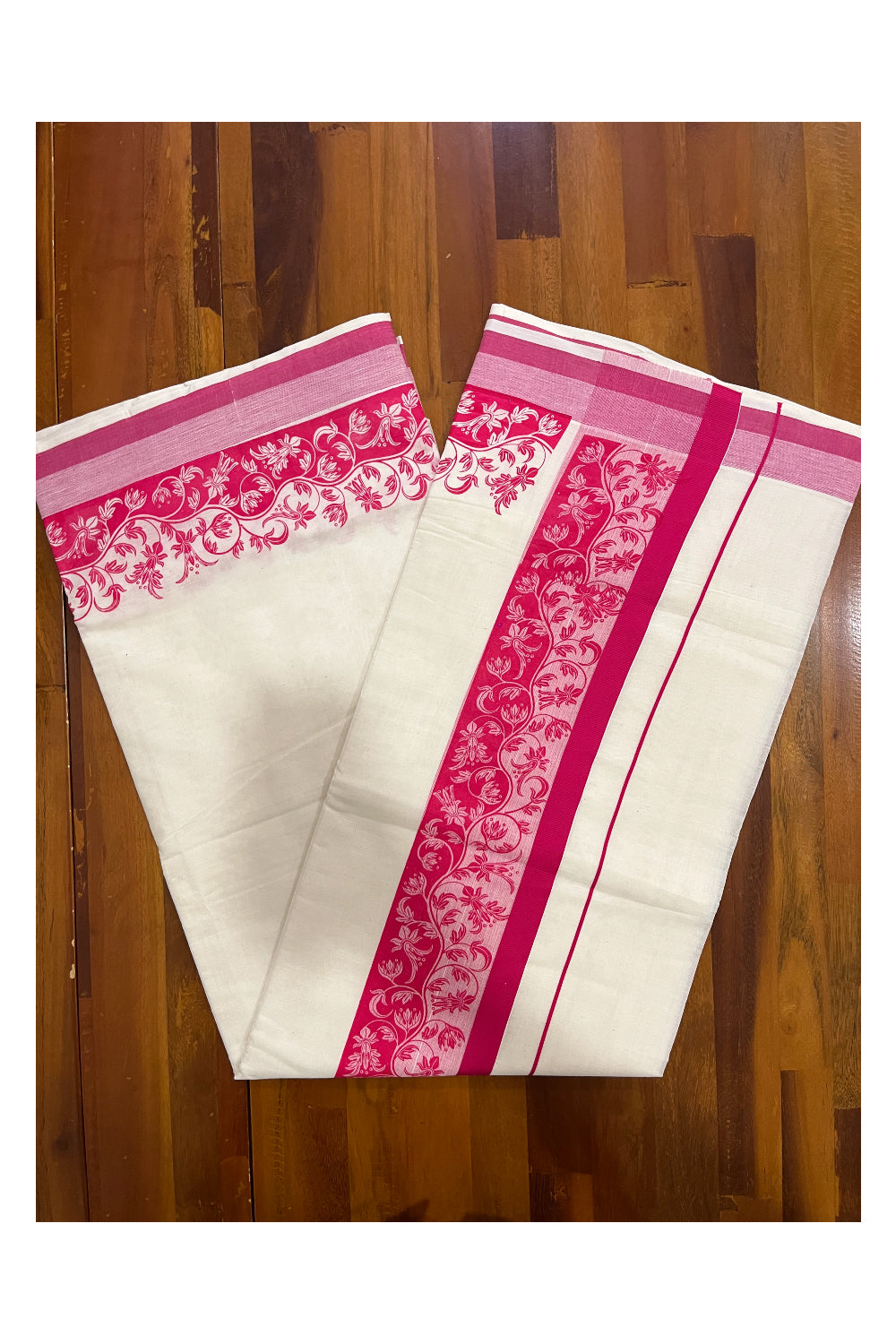 Kerala Cotton Saree with Pink Floral Block Printed Border