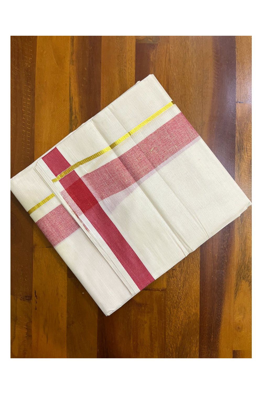 Kerala Pure Cotton Double Mundu with Red Kasavu Border (South Indian Kerala Dhoti)