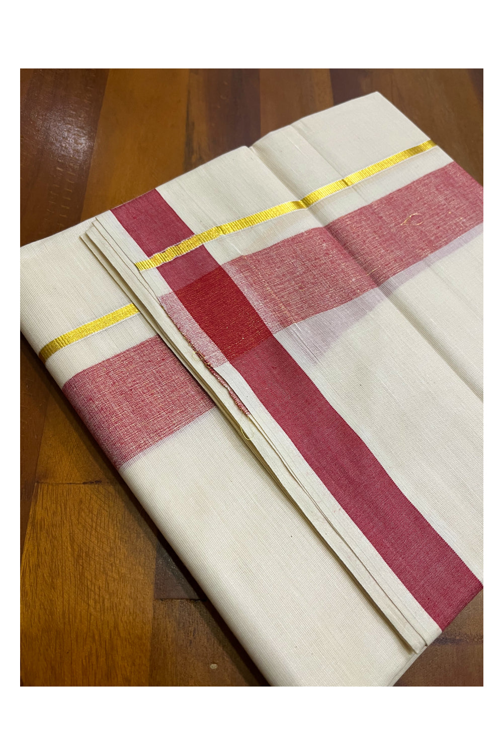 Kerala Pure Cotton Double Mundu with Red Kasavu Border (South Indian Kerala Dhoti)