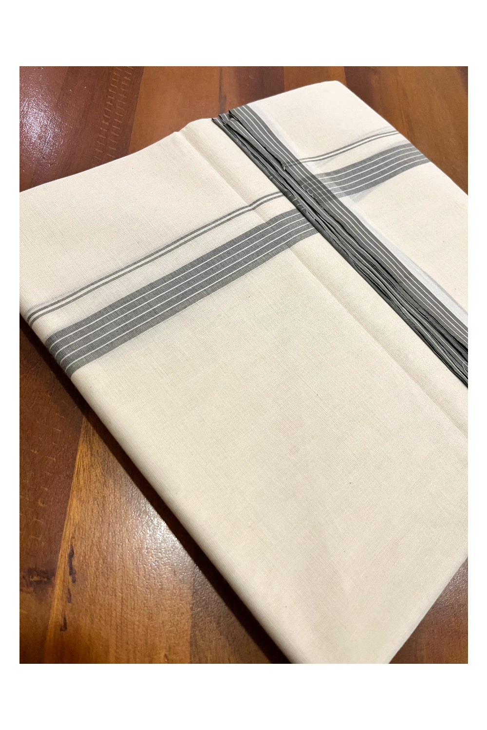 Pure Cotton 100x100 Double Mundu with Grey Line Border (South Indian Kerala Dhoti)