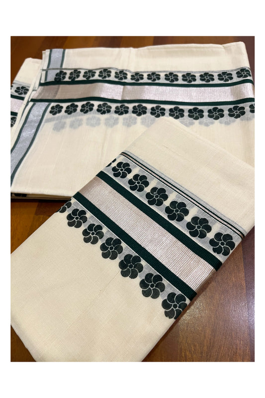 Mundum Neriyathum Single (Set Mundu) with Block Prints on Silver Kasavu and Dark Green Border (Onam 2024 Collection)