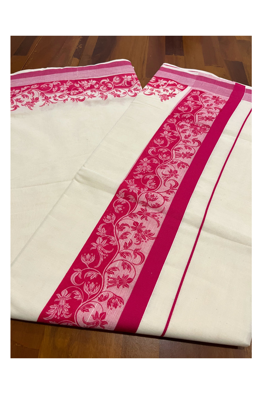 Kerala Cotton Saree with Pink Floral Block Printed Border